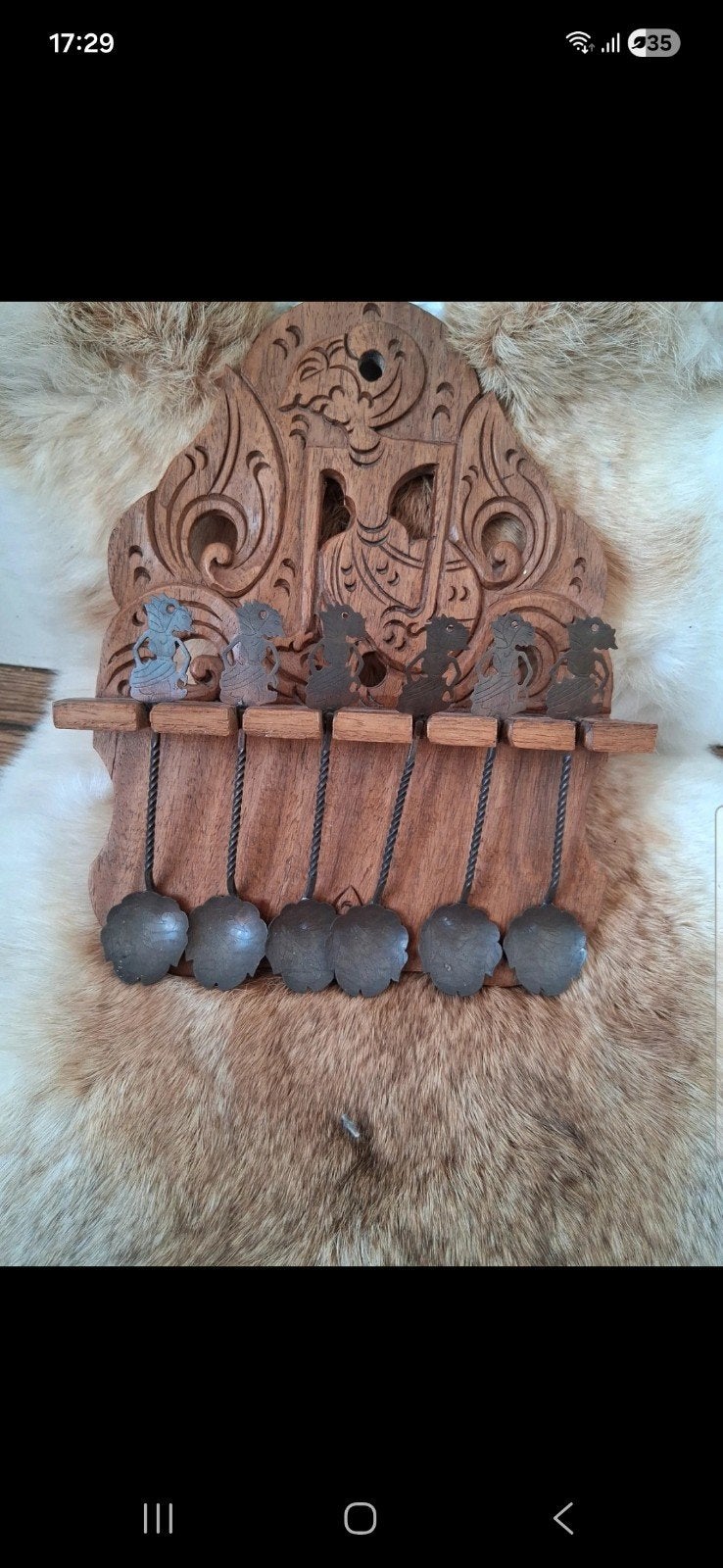 Uniek houten lepelrekje met 6 decoratieve lepels, Antiek en Kunst, Ophalen of Verzenden