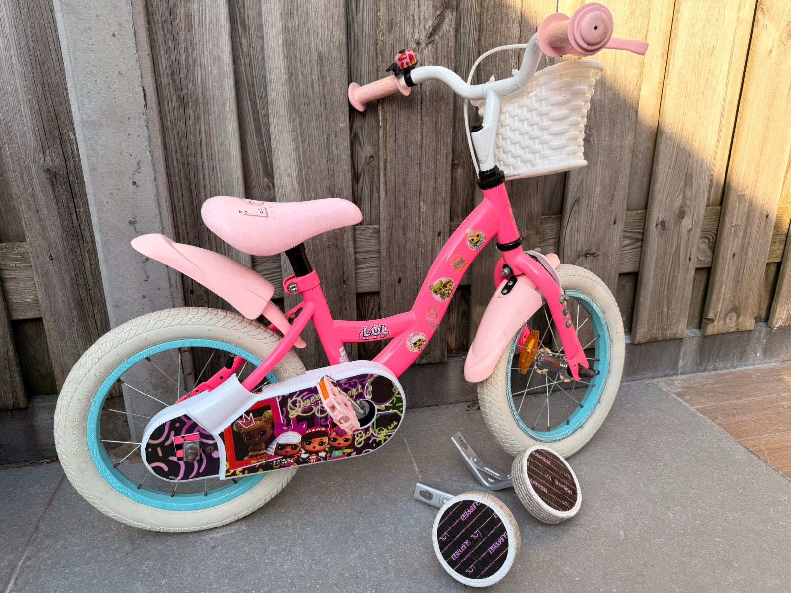 Kinderfietsje 14inch, Ophalen, Terugtraprem, Zijwieltjes, Gebruikt