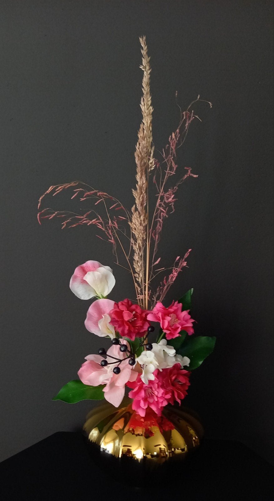 Kunst- en Droogbloemen gebonden boeket vaas goud zwart H43cm, Ophalen of Verzenden, Nieuw
