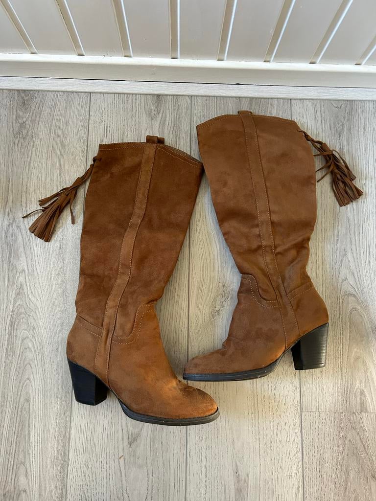 Bruine hoge laarzen met hak - zachte stof - maat 40, Ophalen of Verzenden, Gedragen, Bruin, Hoge laarzen