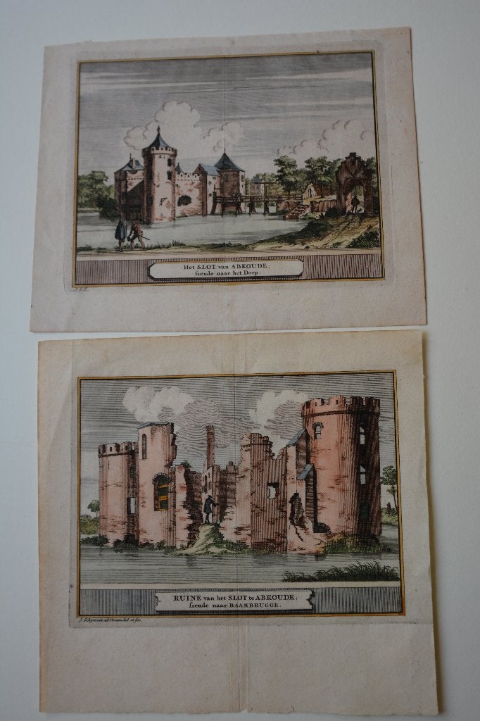 ABCOUDE ABKOUDE 2 GEKLEURDE KOPERGRAVURE 1711 SCHIJNVOET E73, Antiek en Kunst, Verzenden, Stadsgezicht, 17 cm, Gravure