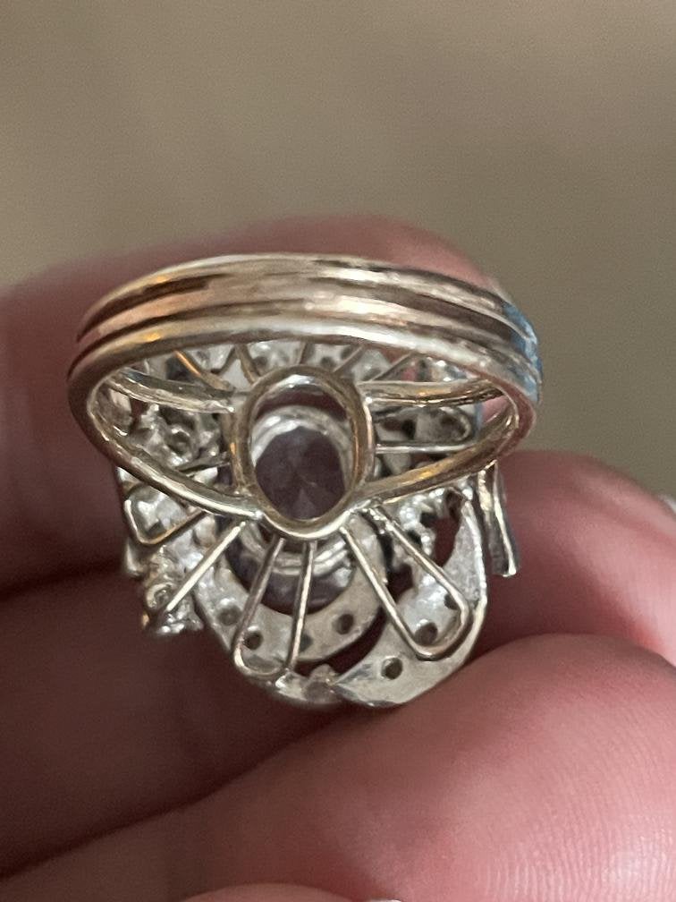 9 karaat en zilveren ring met aquamarijn smaragd en kristal, 18 tot 19, Ophalen of Verzenden, Zo goed als nieuw, Nvt