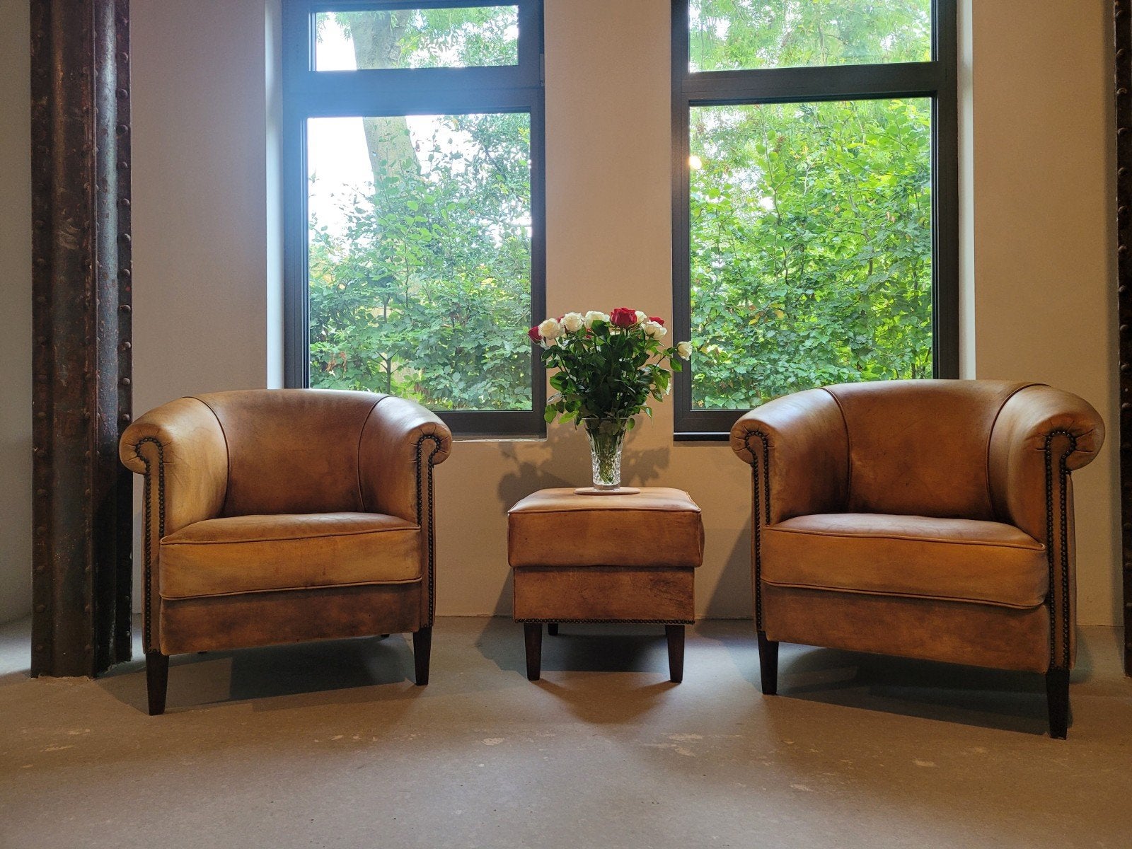 Schaapsleren fauteuils + voetenbank Warm Cognac lichtbruin, Gebruikt, Onbekend, Ophalen of Verzenden, Onbekend