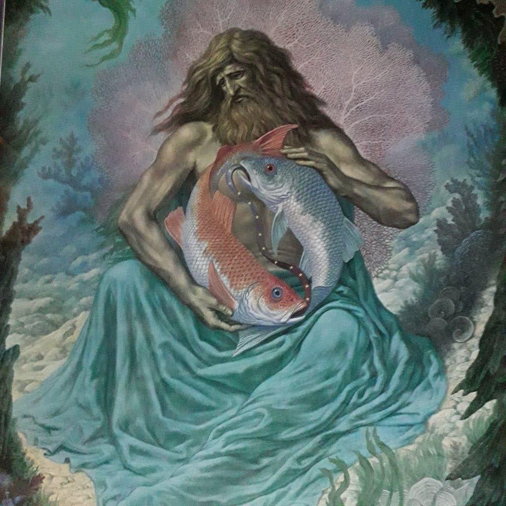 Grote vintage poster Johfra uit de dierenriem serie Vissen, 1950 - 1999, Mythologie, Ingelijst, Ophalen of Verzenden