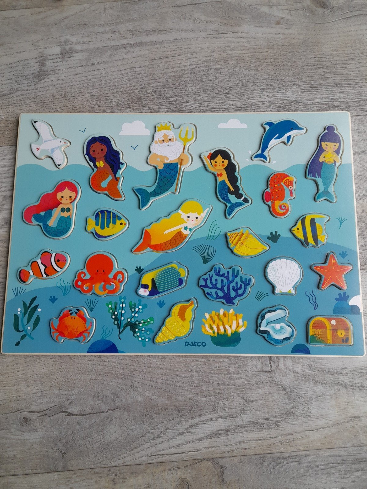 Djeco houten puzzel Zeemeerminnen en Zeedieren, 2 tot 4 jaar, 10 tot 50 stukjes, Ophalen of Verzenden, Zo goed als nieuw