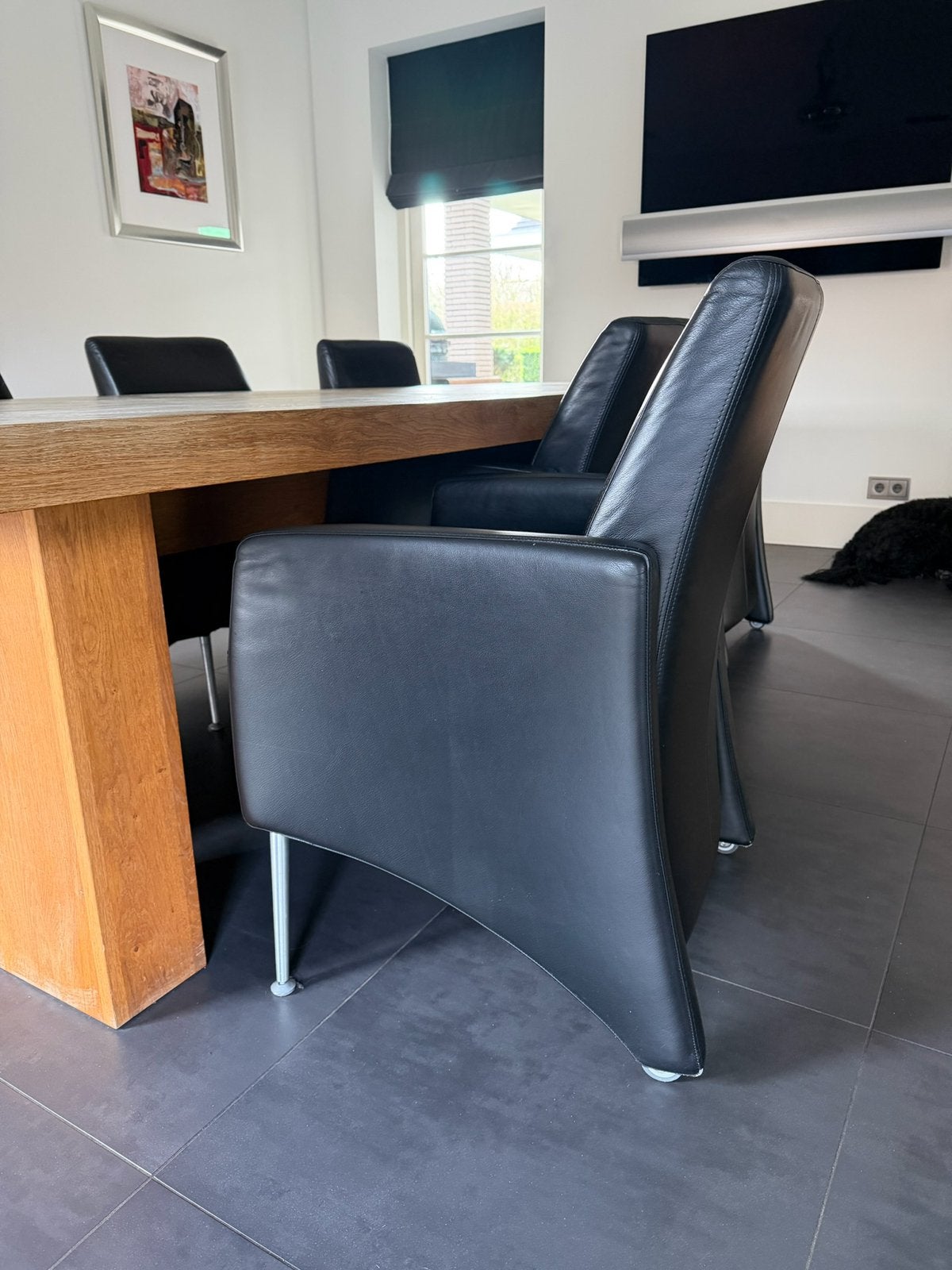Leren eettafel stoelen 6 stuks, Zwart, Leer, Ophalen of Verzenden, Zo goed als nieuw
