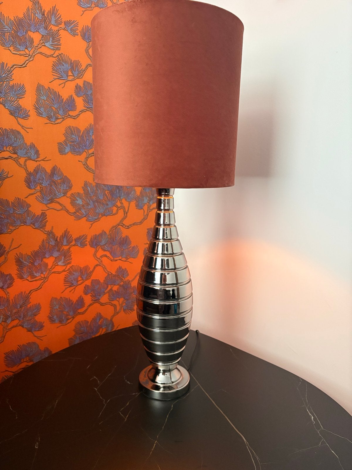 Set van 2 tafellampen met oranje fluwelen kappen, Gebruikt, Oranje, Textiel, Ophalen of Verzenden