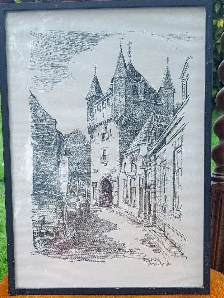 Tekening van K. van der Veen - Hattem, september 1969, Antiek en Kunst, Ophalen of Verzenden, Tekening, Pentekening, Ingelijst