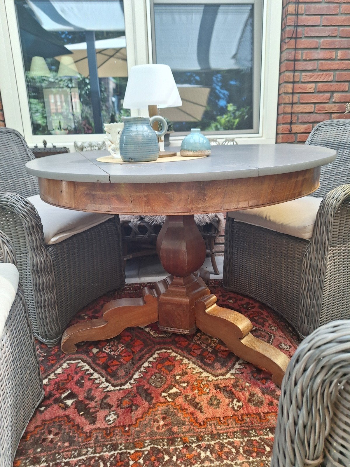 Klassieke houten eettafel met grijs blad voor 4 personen, Ophalen, Gebruikt, Rechthoekig, 50 tot 100 cm