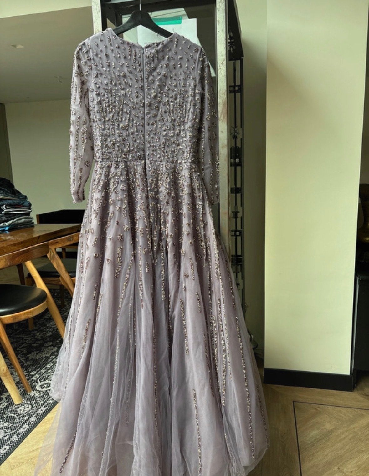 Elegante lange avondjurk met glitter steentjes, Maat 38/40 (M), Galajurk, Paars, Ophalen of Verzenden