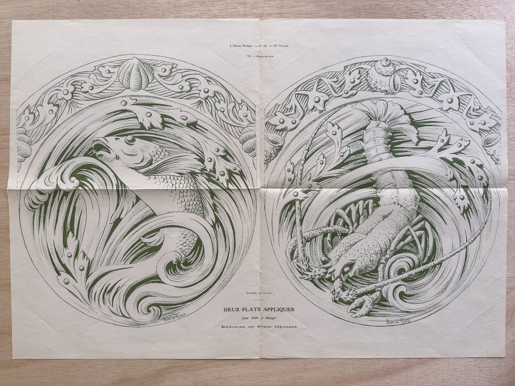 Litho uit 1907 – Vis & Kreeft – Grote Art-Nouveau print, Antiek en Kunst, Kunst | Litho's en Zeefdrukken, Verzenden, Lithografie