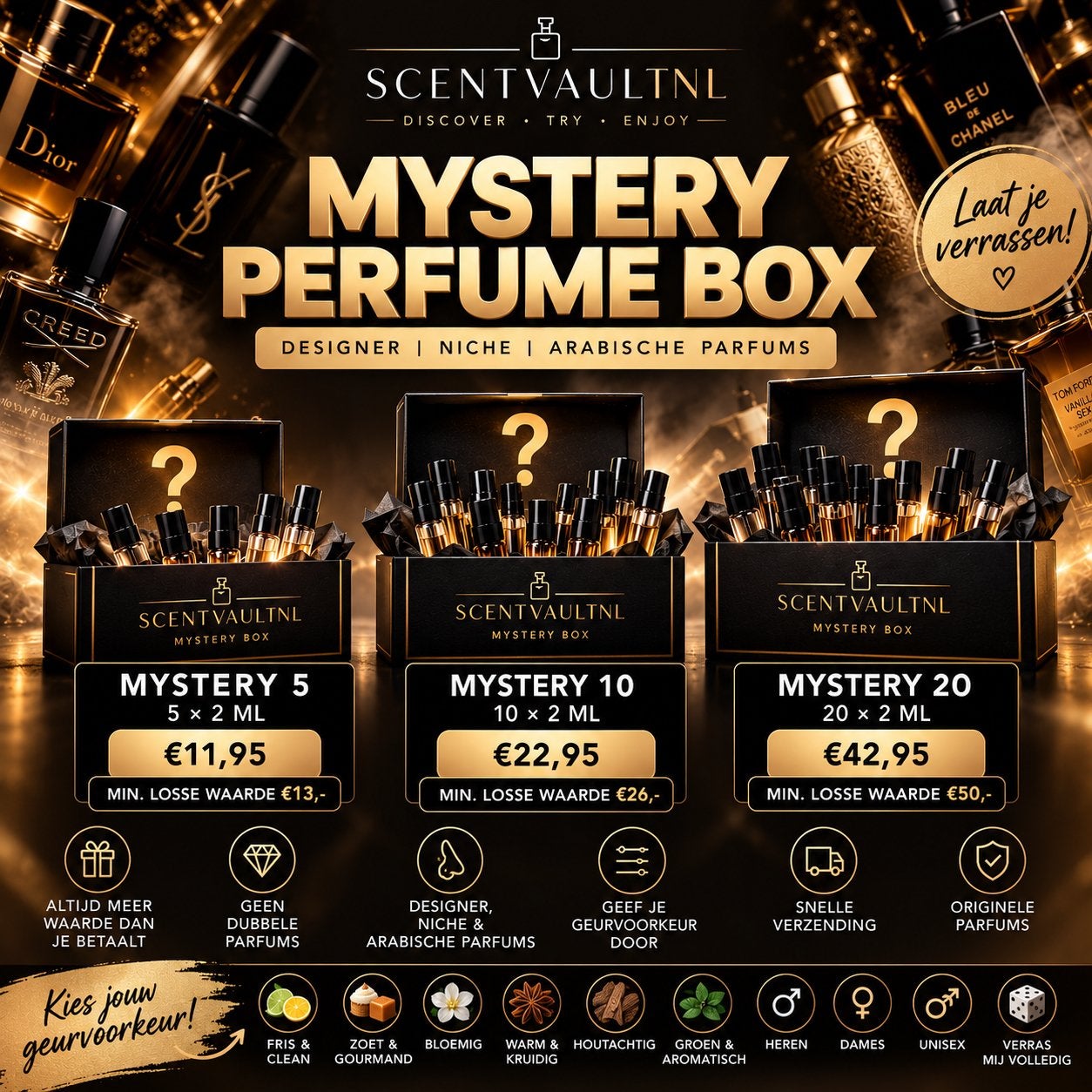 Mystery Parfum Box |5, 10 of 20 originele parfum decants 2ML, Ophalen of Verzenden, Nieuw