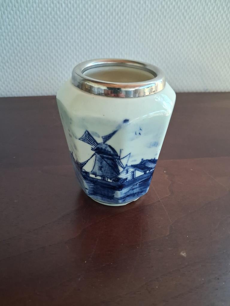 Delfts blauw potje met molen decoratie en zilveren rand, Antiek en Kunst, Ophalen of Verzenden