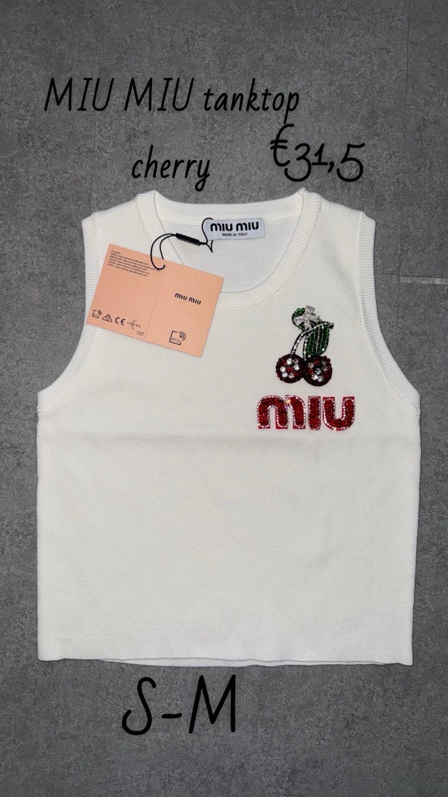 Miu Miu tanktop met kersen en logo, Wit, Nieuw, Ophalen of Verzenden, Maat 36 (S)