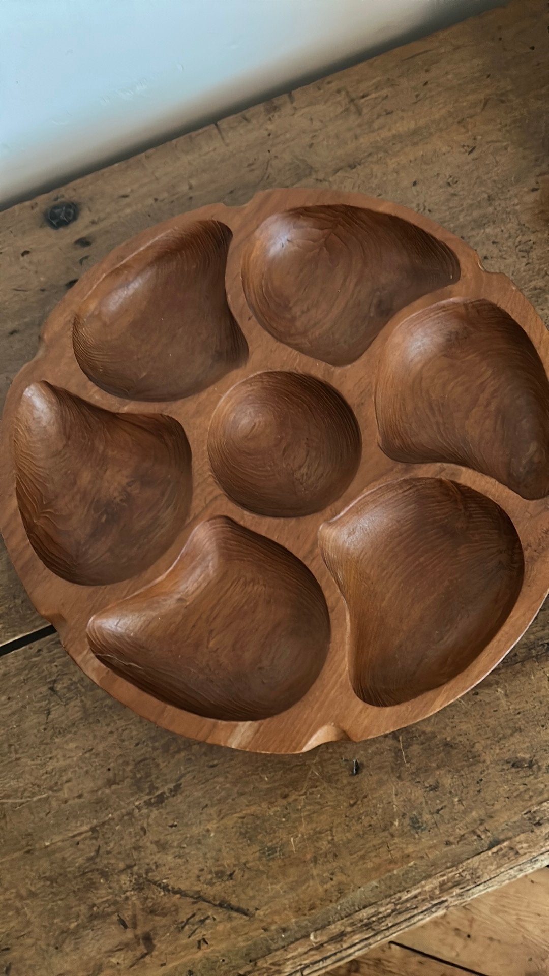 Vintage teak houten vakkenschaal schaal, Ophalen of Verzenden, Zo goed als nieuw, Rond, Hout