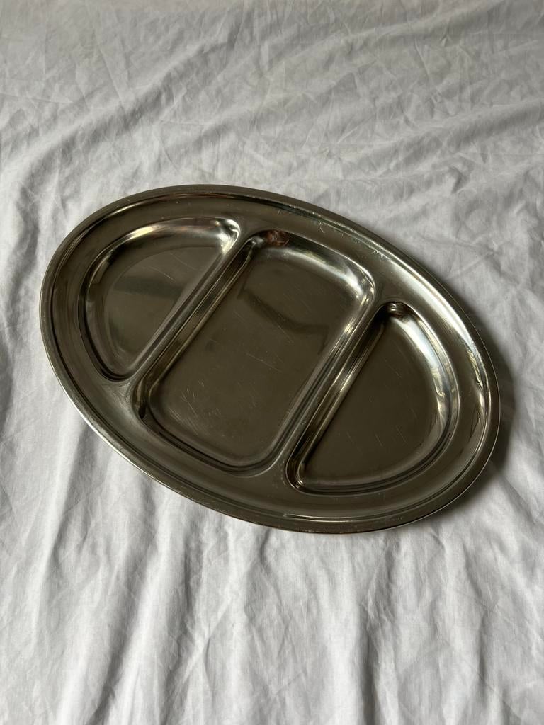 Vintage RVS Franse inox design hapjesschaal met 3 vakken, Huis en Inrichting, Keuken | Servies, Ophalen, Overige materialen, Overige stijlen