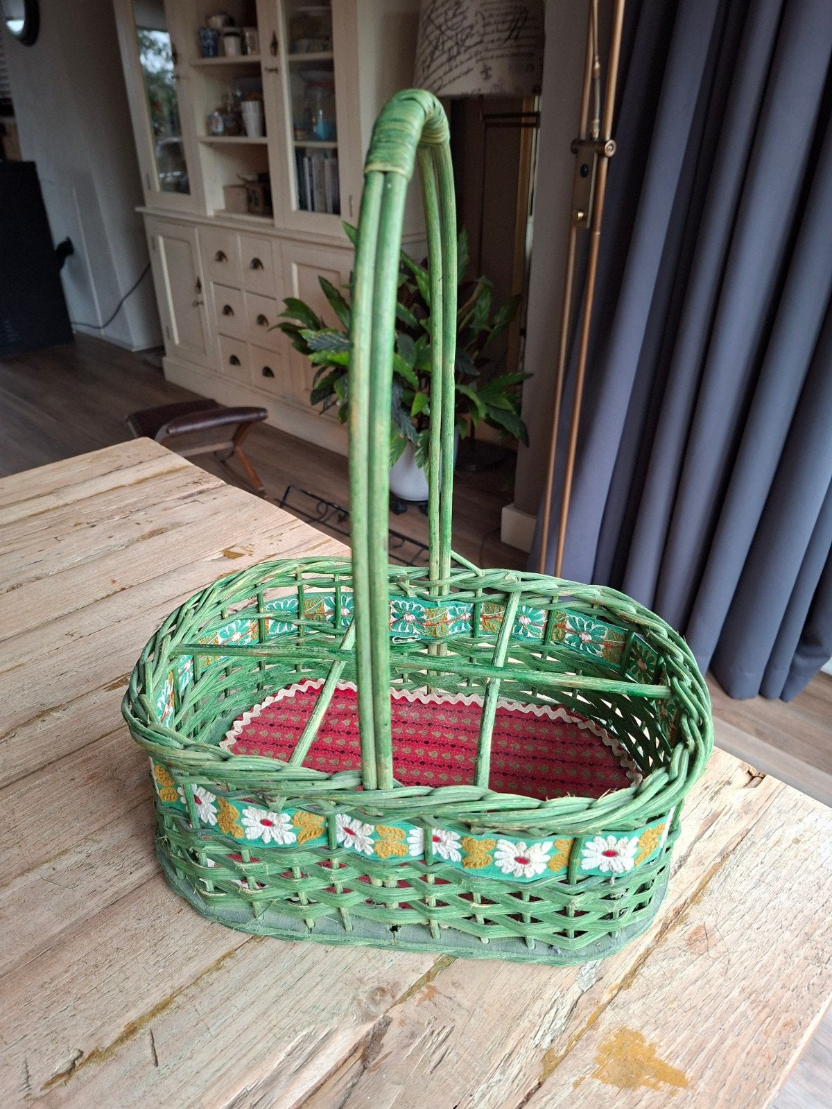 Vintage Groene Rotan Flessenmand met Bloemenpatroon, Ophalen of Verzenden