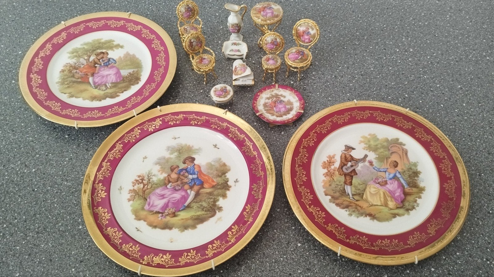 Zeldzame Goudeville Limoges Fragonard Borden & Miniatuurset, Antiek en Kunst, Ophalen