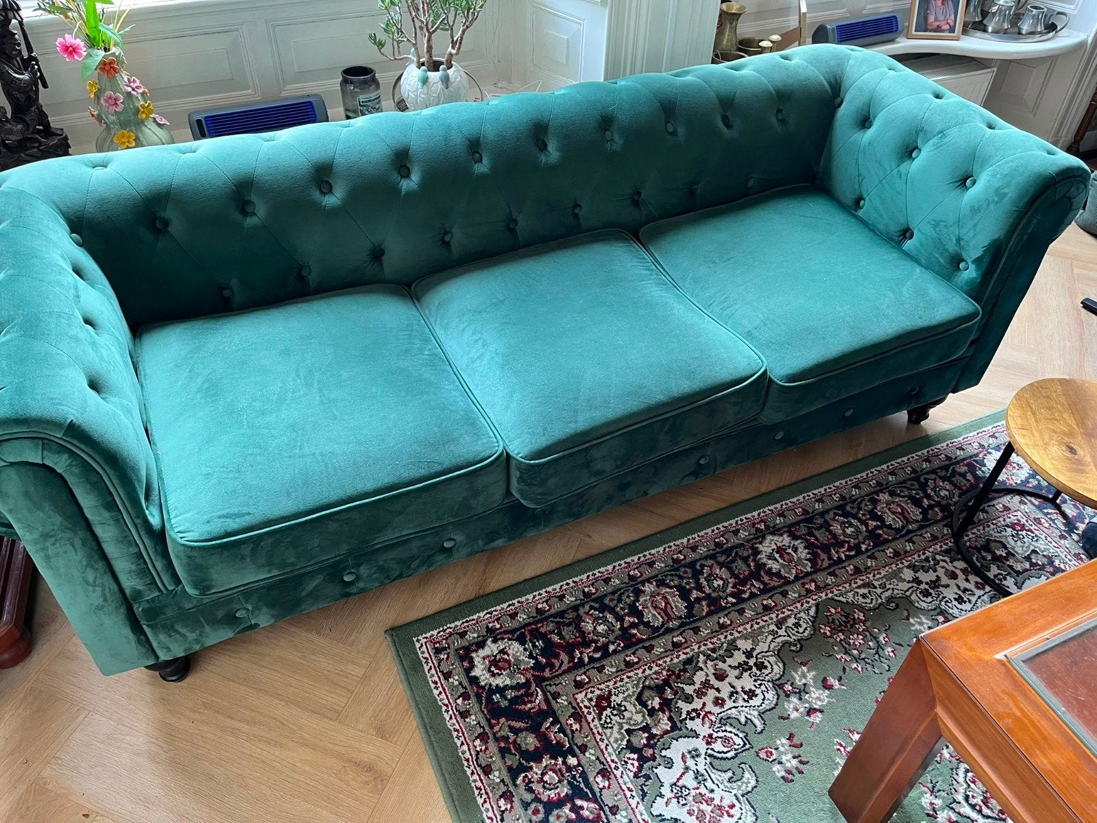 Prachtige Groene Chesterfield Bank - 3-zits, 75 tot 100 cm, Ophalen of Verzenden, Zo goed als nieuw, Rechte bank