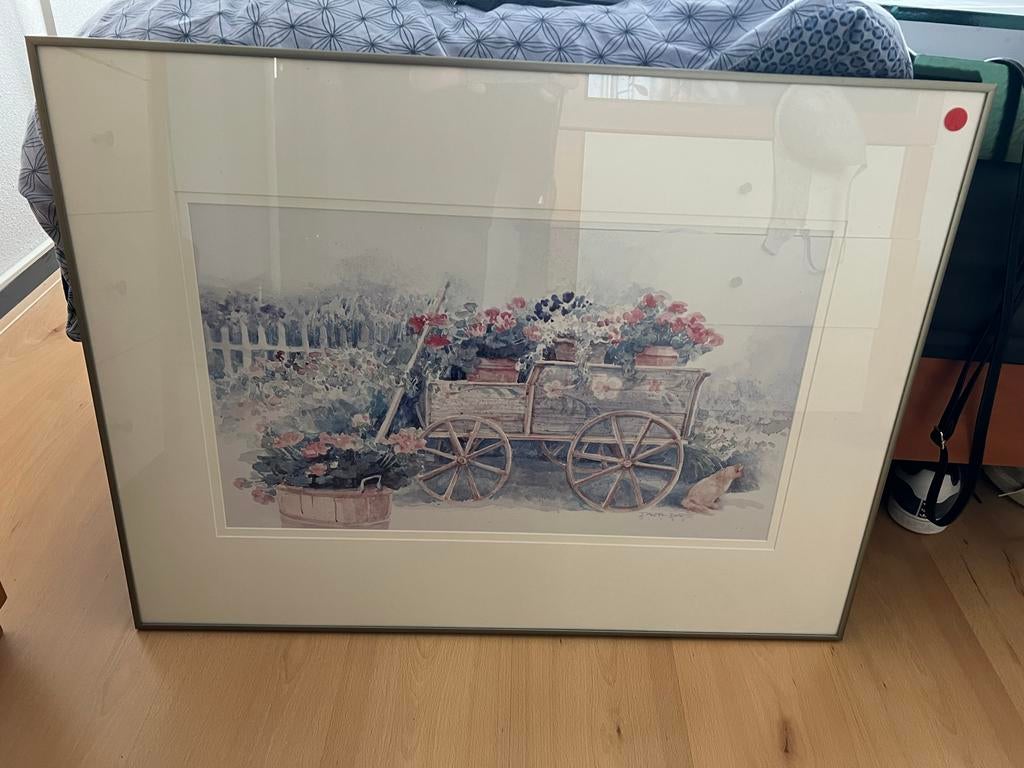Lijst met aquarelprint 80x60 cm - Bloemen en kar, Ophalen, Gebruikt, 50 tot 75 cm, Print