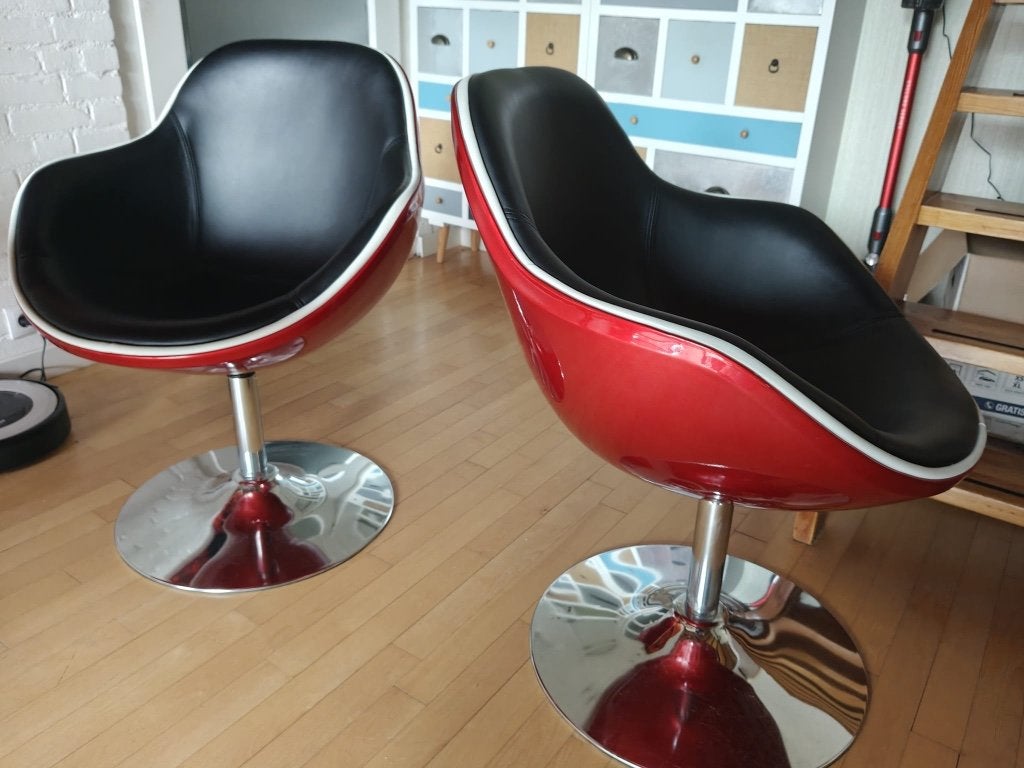 4 Retro Space age kuipstoelen rood metallic met tulip voet., Huis en Inrichting, Stoelen, Ophalen, Gebruikt, Vier, Space age