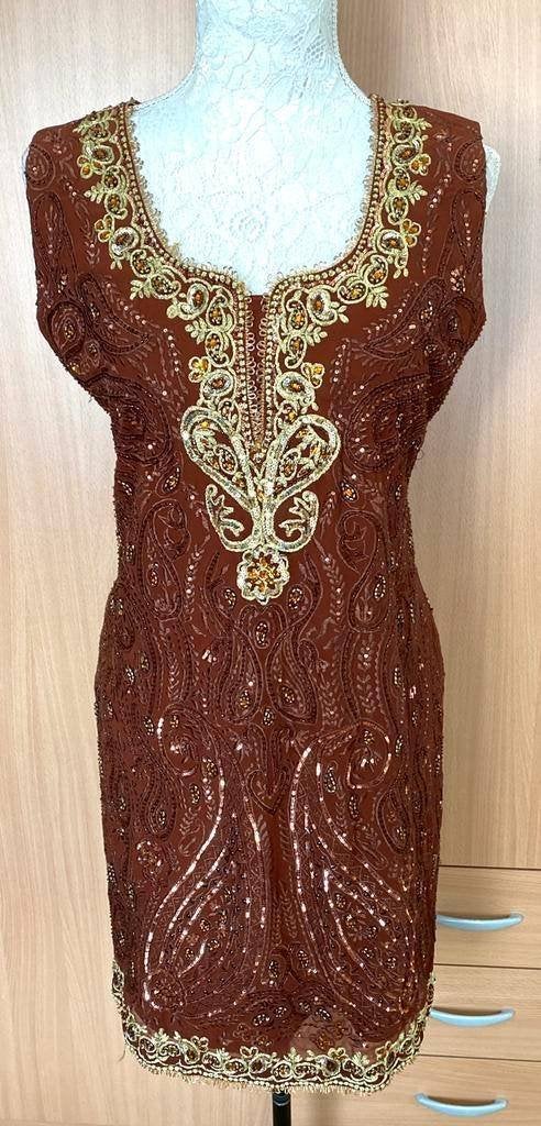 Zijden tuniek met gouddraad en kraaltjes maat M, Kleding | Dames, Ophalen of Verzenden, Zo goed als nieuw, Maat 38/40 (M), Bruin