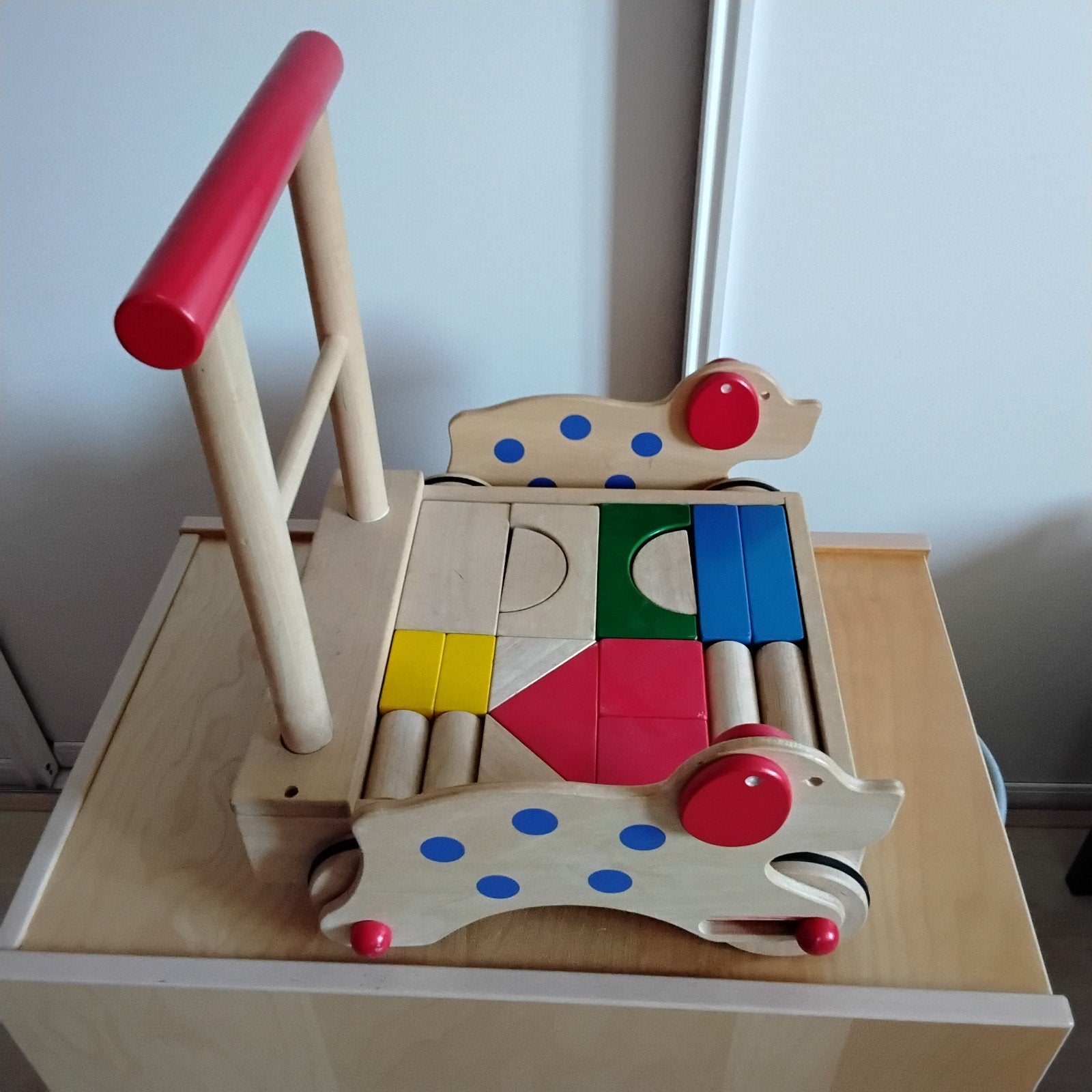 Houten loopkar met blokken, Ophalen of Verzenden, Duw- of Trekspeelgoed