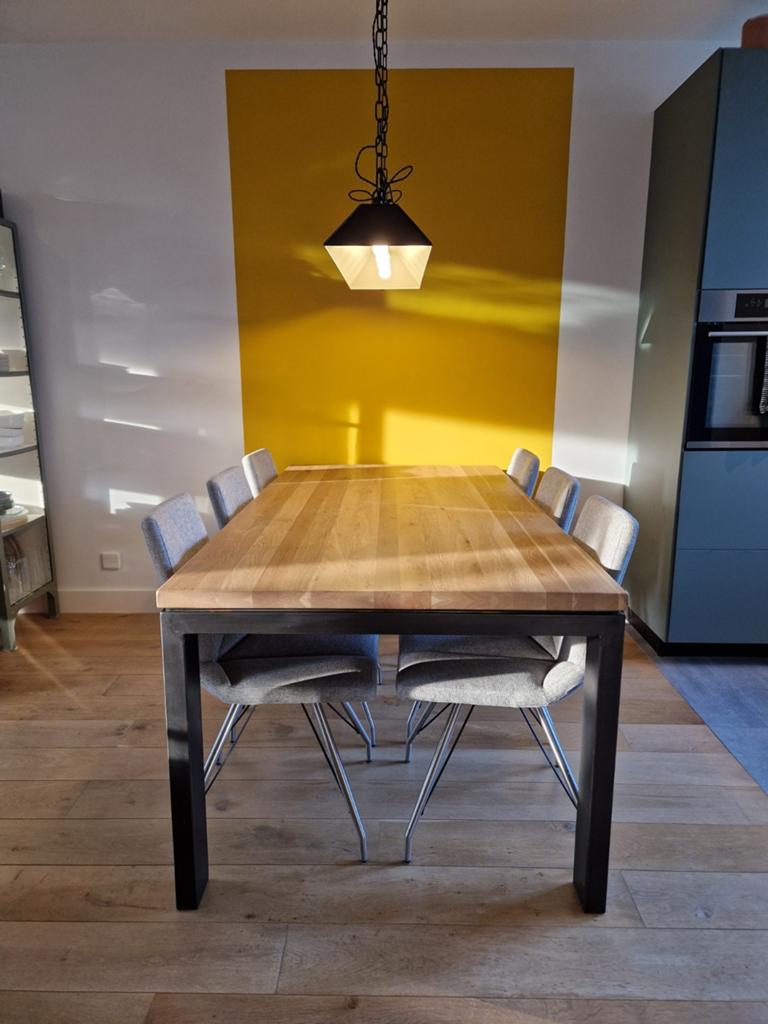 Eettafel eiken industrieel 190x100 stalen poten, Ophalen, Gebruikt, Eikenhout, 200 cm of meer