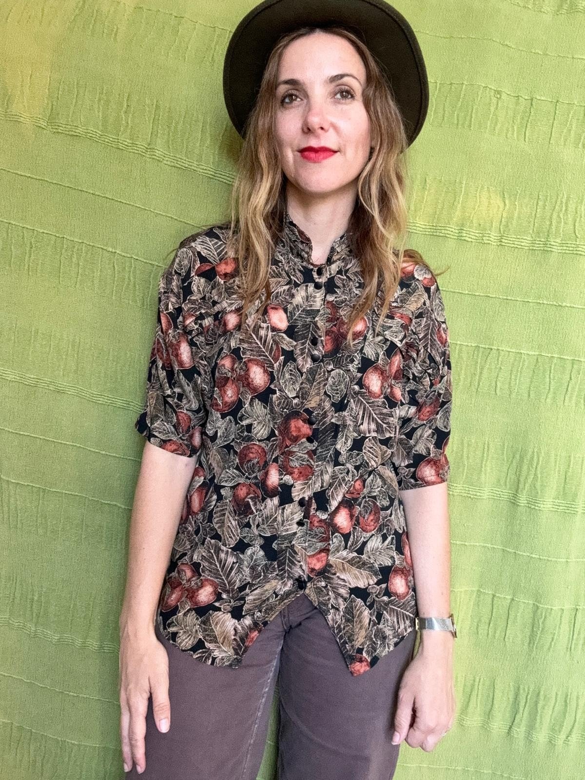 Vintage blouse, maat 36=?/38 - S/M - bladeren & noten - 90's, Ophalen of Verzenden, Vintage, ,, Maat 36 (S)