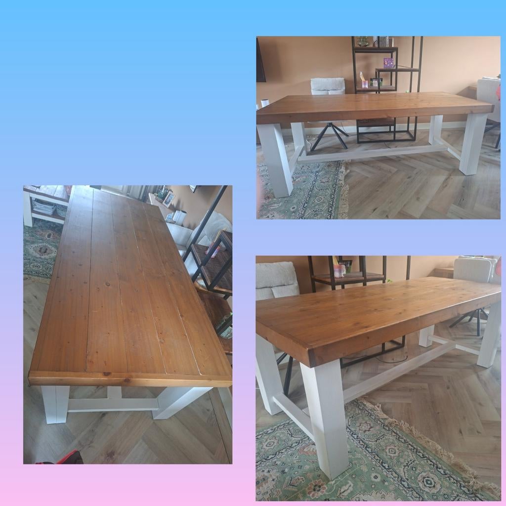 Robuuste houten eettafel met wit onderstel, Huis en Inrichting, Tafels | Eettafels, Ophalen, Gebruikt, 200 cm of meer, 50 tot 100 cm