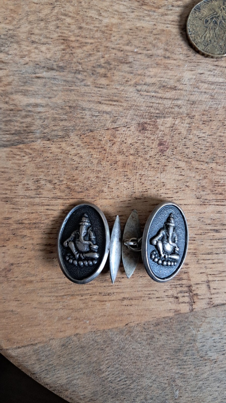 Antieke zilveren manchetknopen met Ganesha-afbeelding, Ophalen of Verzenden