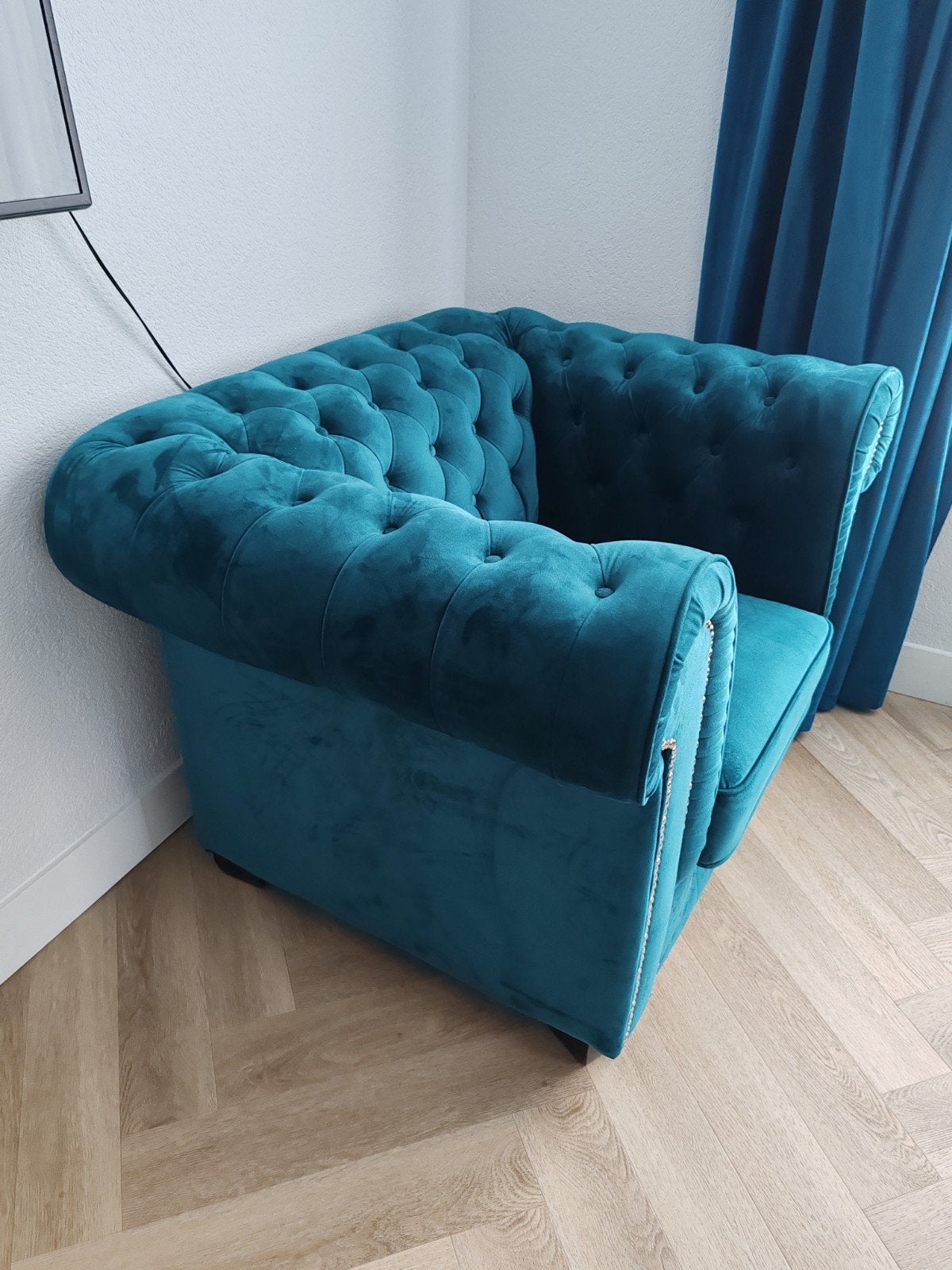 Chesterfield Fauteuil - Petrol Blauw Velours, Ophalen, Chesterfield, Klassiek, Luxe, 75 tot 100 cm, Zo goed als nieuw