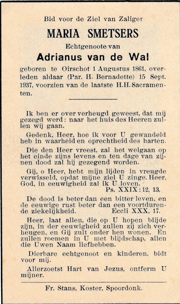 Smetsers Maria 1861 Oirschot 1937, Verzamelen, Bidprentjes en Rouwkaarten, Ophalen of Verzenden, Bidprentje