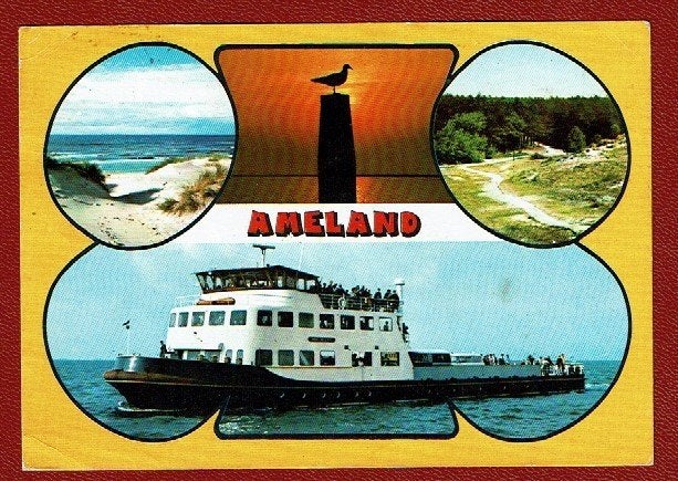 Ameland - Veerboot , Strand en Fietspad - gebr (p.Leeuwarden, Verzamelen, Ophalen of Verzenden, 1960 tot 1980, Gelopen, Waddeneilanden