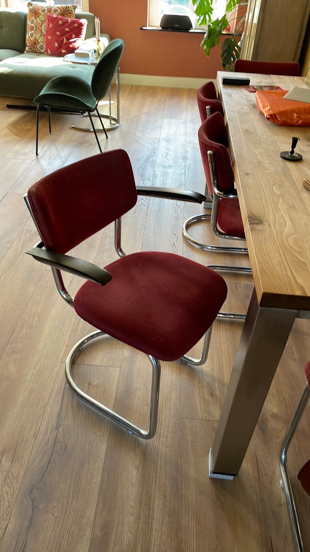 Buisframe stoelen  rood rib 5 stuks, Ophalen, Gebruikt, Stof, Vijf, Zes of meer stoelen