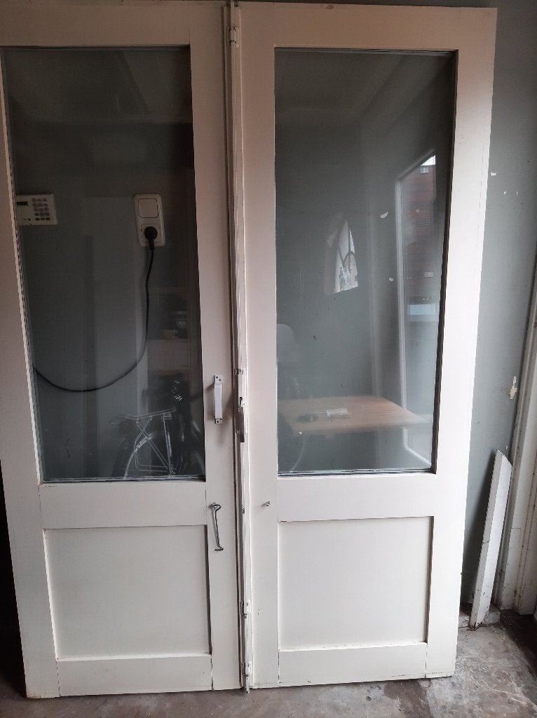 Dubbele terrasdeuren met dubbel glas en espagnolet, Ophalen, 120 cm of meer, Overige typen, Zo goed als nieuw