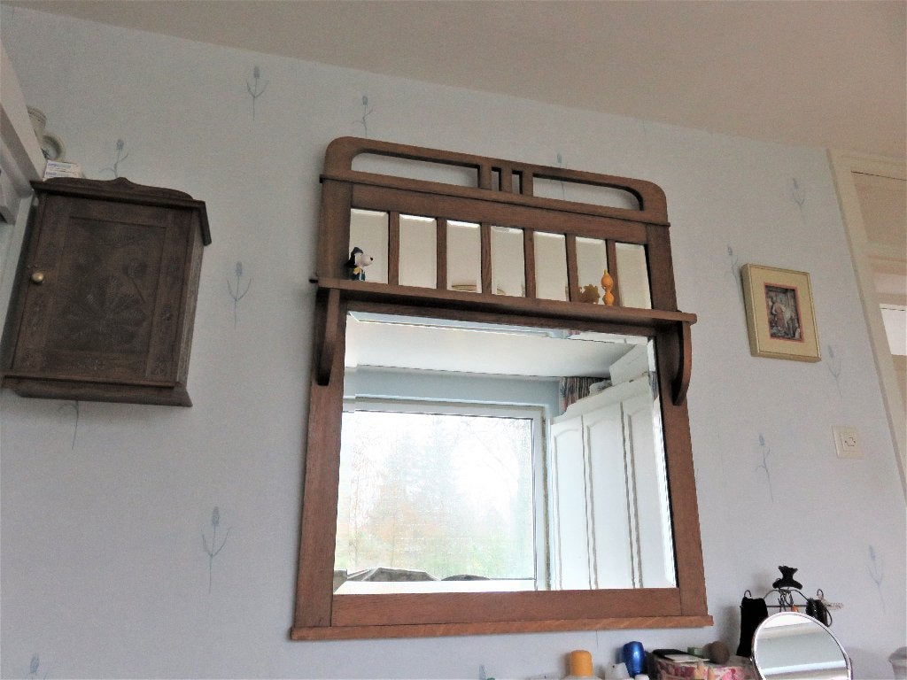 Zeer mooie antieke eiken spiegel met geslepen glas., Antiek en Kunst, Ophalen, Rechthoekig, 50 tot 100 cm, 100 tot 150 cm