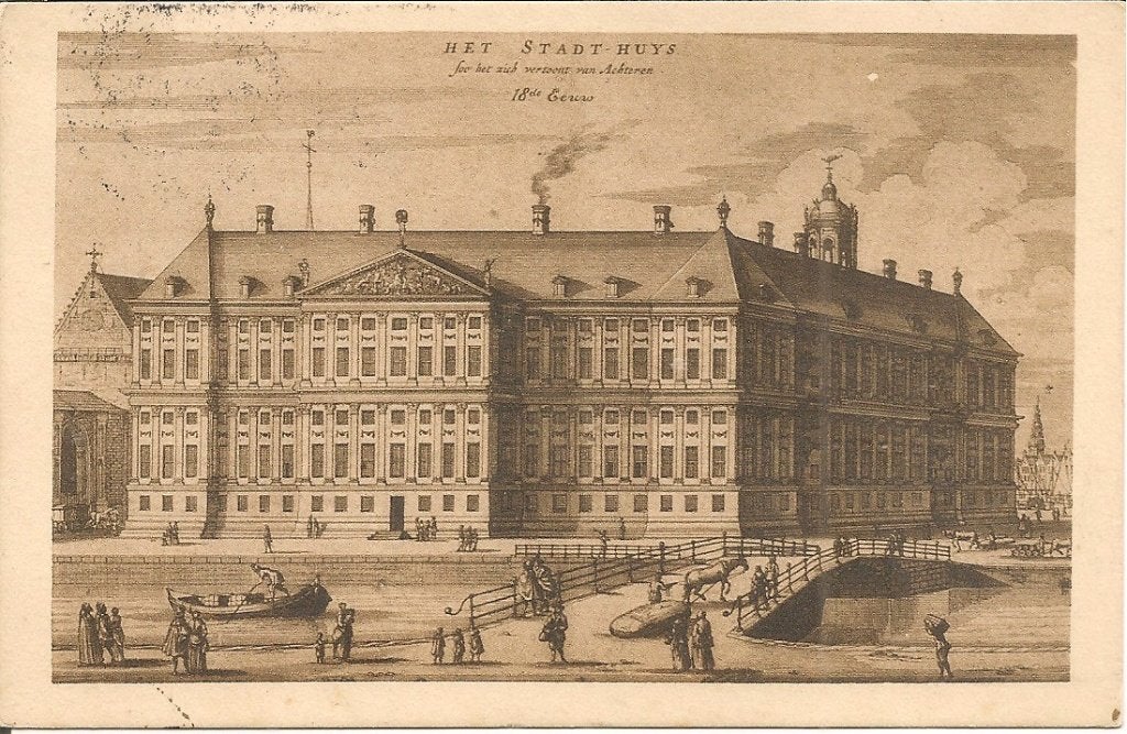 Oude prentbriefkaart: Het Stadhuis, Amsterdam (18e eeuw), Ophalen of Verzenden, Voor 1920, Gelopen, Noord-Holland