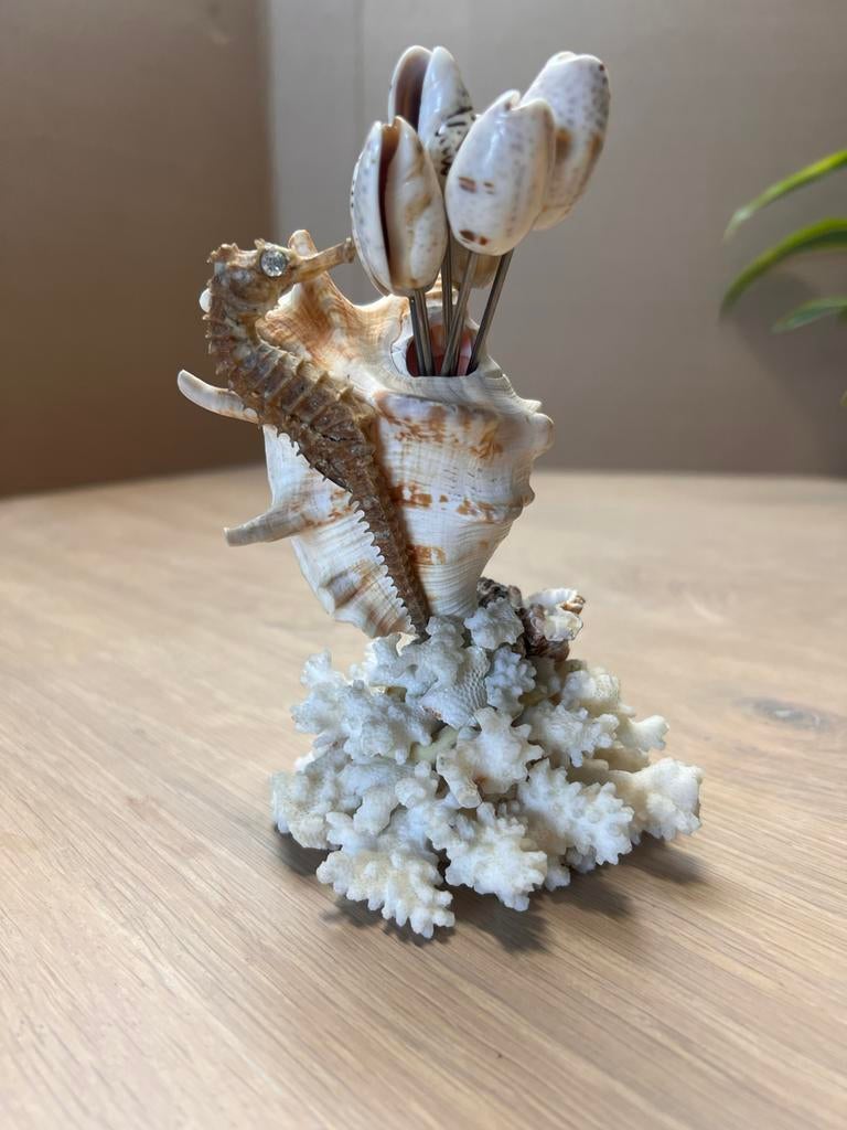 Vintage schelpen cocktailprikkers met zeepaardje set, Ophalen of Verzenden
