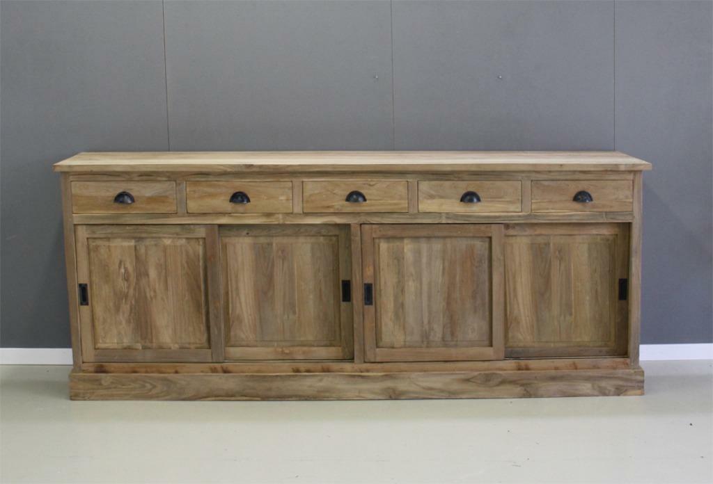 Dressoir teakhout 240cm breed, 4 deuren, 5 laden; Indoteak, Met deur(en), Teakhout, Nieuw, Ophalen of Verzenden
