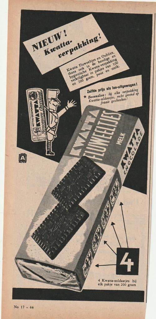 Retro reclame 1955 Kwatta chocolade 4 soldaatjes, Verzenden, Overige typen