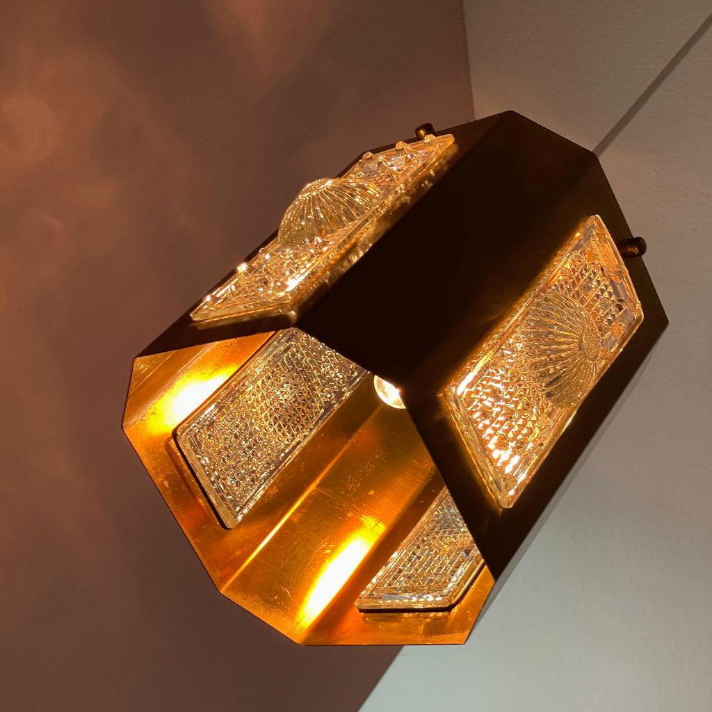 vintage design messing LAMP Scandinavië Orrefors Brutalist, Gebruikt, Ophalen of Verzenden, Glas, Minder dan 50 cm