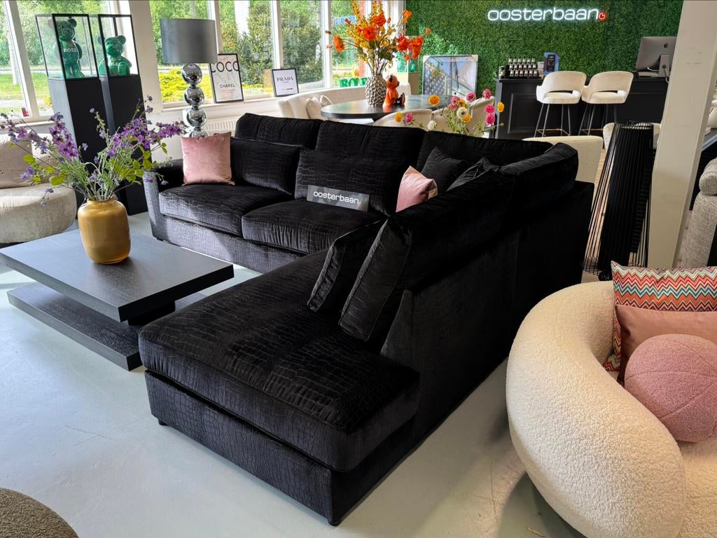 Luxe Velvet Croco Hoekbank Pocket 310x250cm Zwart NIEUW NEW, Info@oosterbaanwonen.nl, Venus 31 8448CE Heerenveen, Hoekbank, Oosterbaan Wonen
