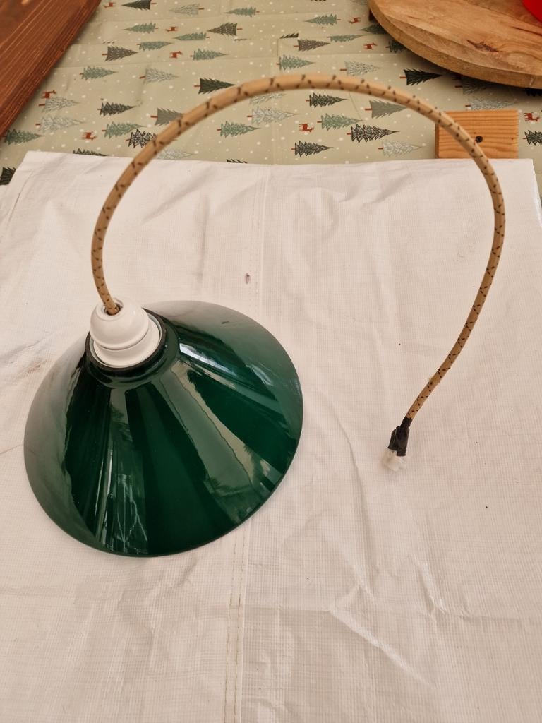 Groene Schoenmakerslamp met Wit Opaline Binnenkant, Huis en Inrichting, Lampen | Hanglampen, Ophalen, Vintage, Minder dan 50 cm
