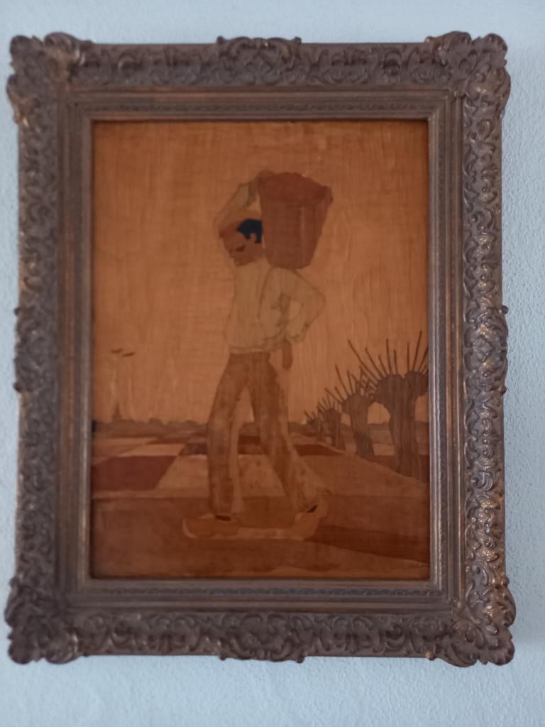 Houtinlegwerk Art Nouveau Oogstende Boer 40x50cm, Ophalen of Verzenden