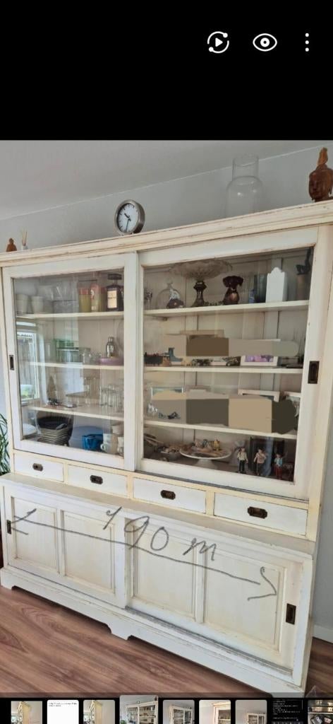 Mooie witte vitrinekast, Huis en Inrichting, Kasten | Vitrinekasten, Ophalen, Gebruikt, 200 cm of meer, Glas