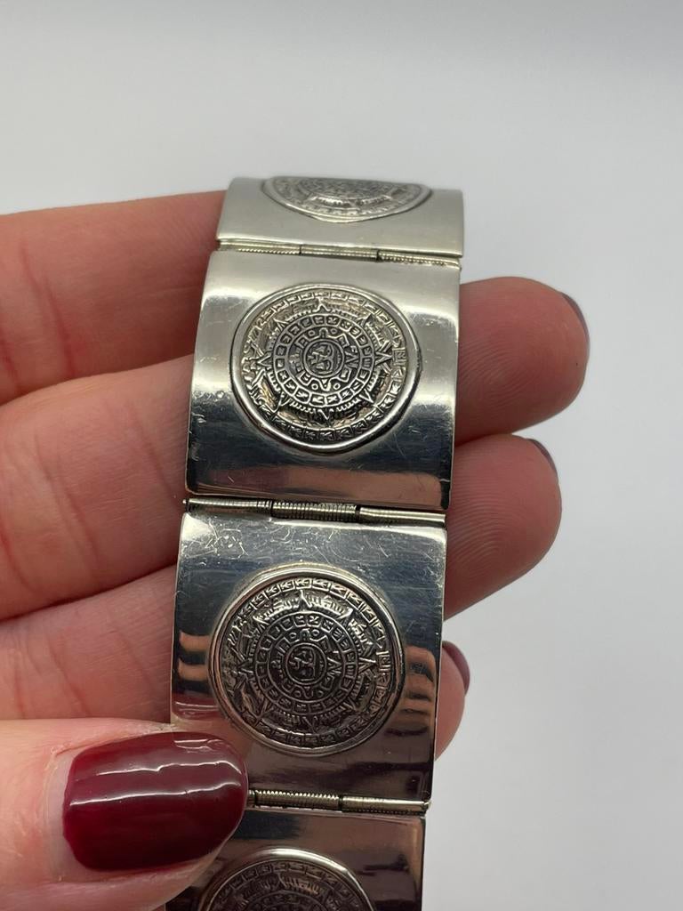 C247 Prachtige zilveren armband Azteekse kalender, Overige materialen, Ophalen of Verzenden, X, Zilver