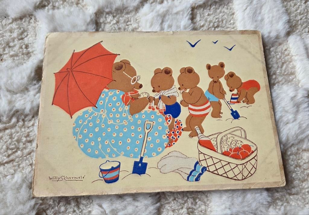 Beertjes met moeder op het strand - Willy Schermelé, Verzenden, 1940 tot 1960, Gelopen, Kinderen