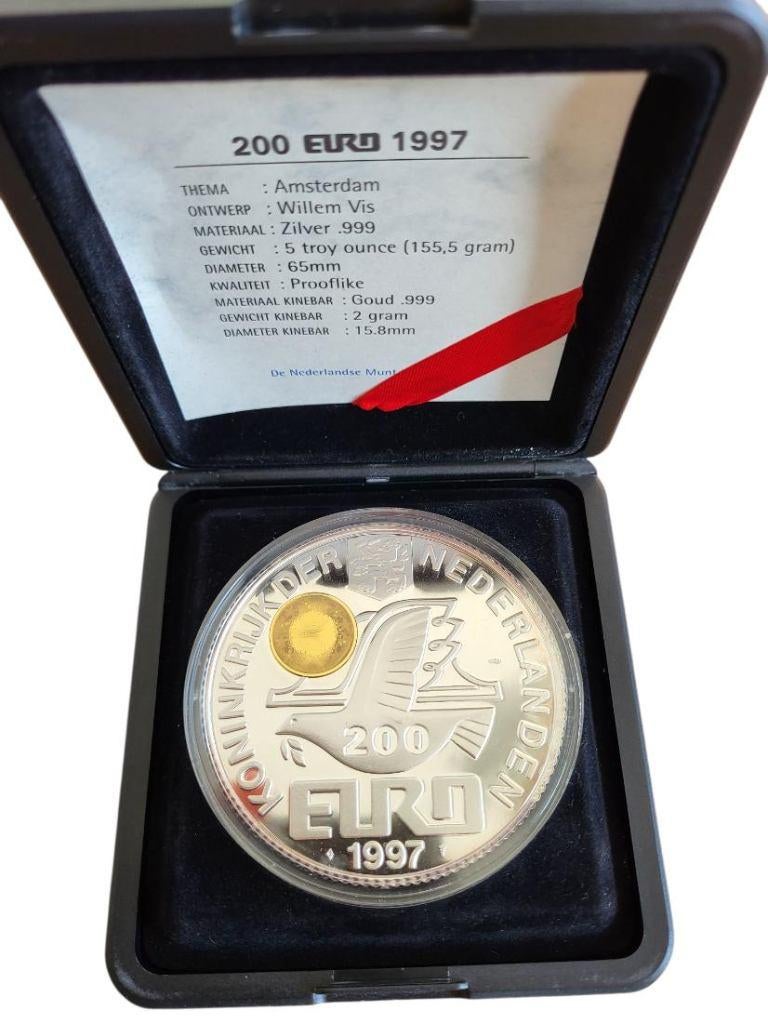 Nederland Zilveren 200 Euromunt 1997 met Gouden Kinebar Mich, Koningin Beatrix, Euro's, Ophalen of Verzenden, Losse munt