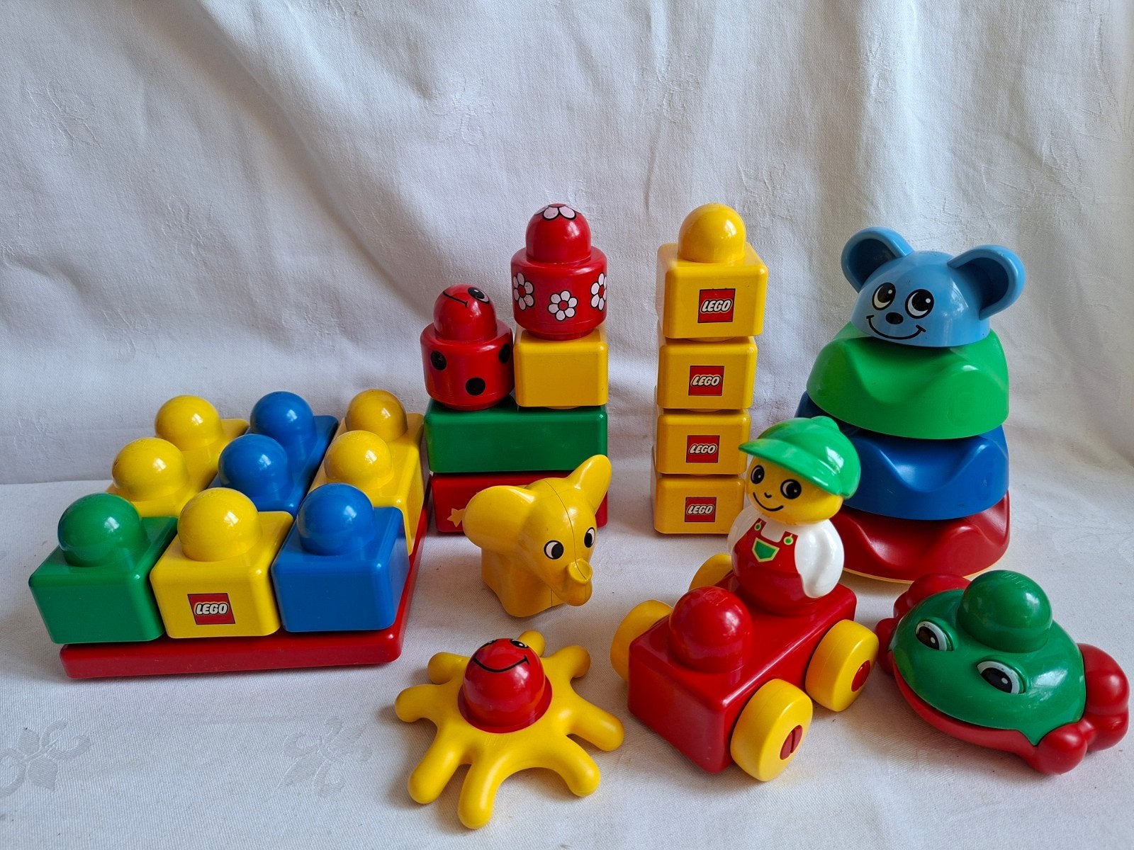Duplo primo ; blokken , auto , poppetje ,kikker , olifant, Ophalen of Verzenden, Gebruikt, Duplo